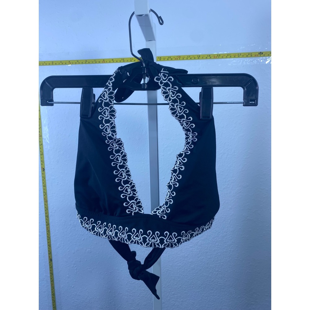 Black Silver Metallic Embroidered Halter Bikini Top Triangle Swimwear Small